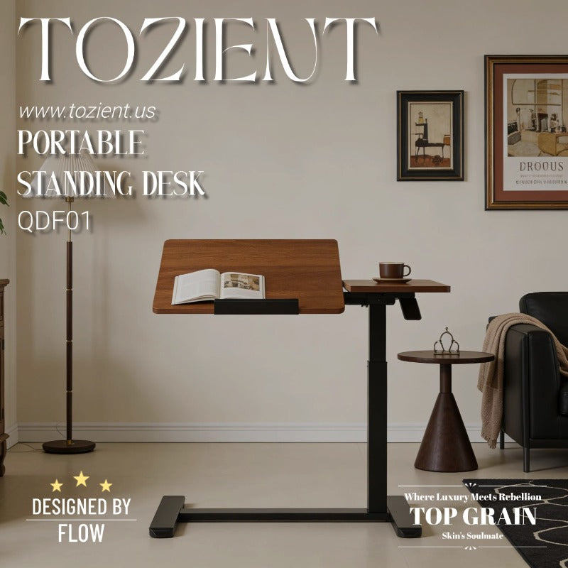 Tozient QDF01 Portable Standing Desk - Pneumatic Lift, Overbed Table, Sit Stand Desk